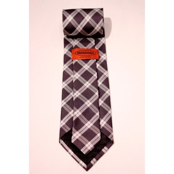 MISSONI ITALY Check Plaid NAVY Blue 100% SILK Logo Branded DRESS TIE - Picture 2 of 2
